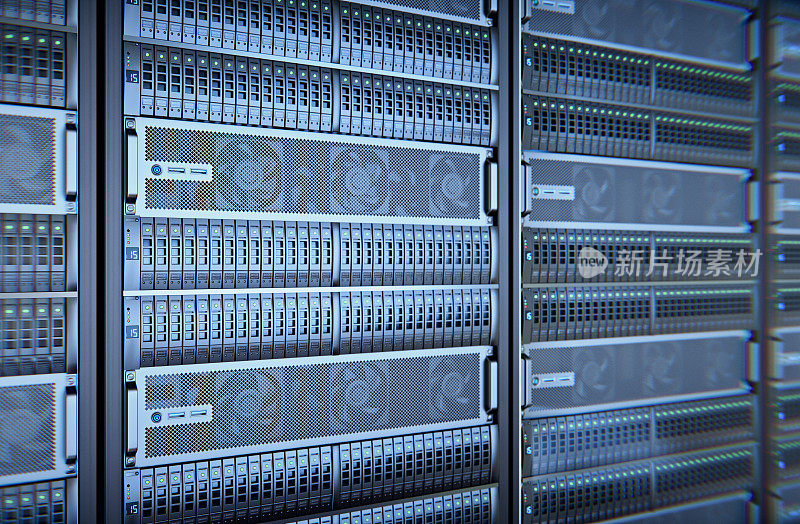 网络服务器室配有计算机，用于数字电视IP通信和互联网，3d渲染。