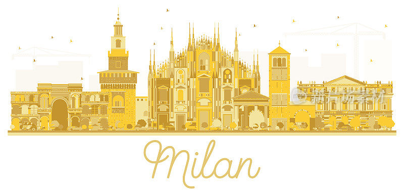 意大利米兰城市天际线金色剪影。