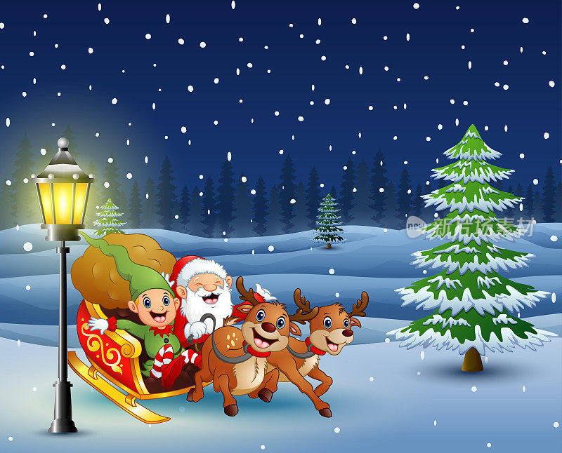 圣诞老人和小精灵在雪山上滑行