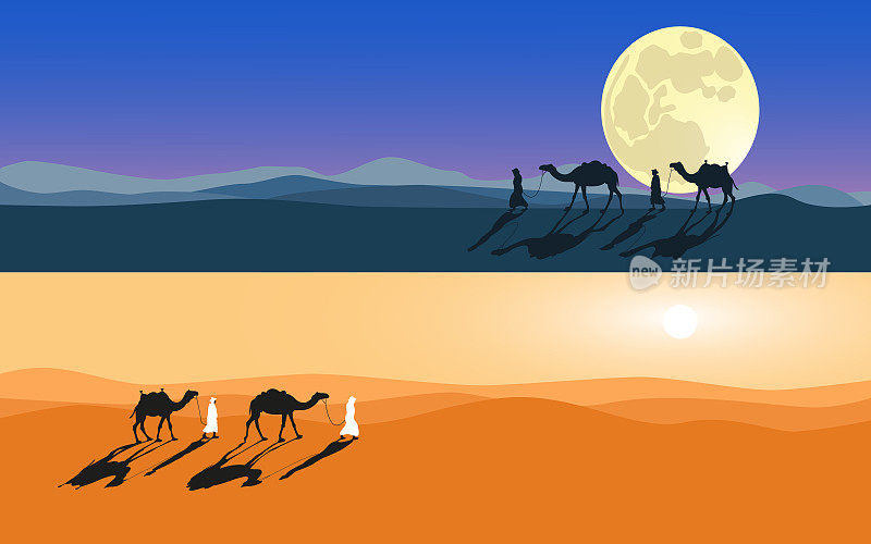人类和骆驼可以穿越沙漠。月光和阳光落下。