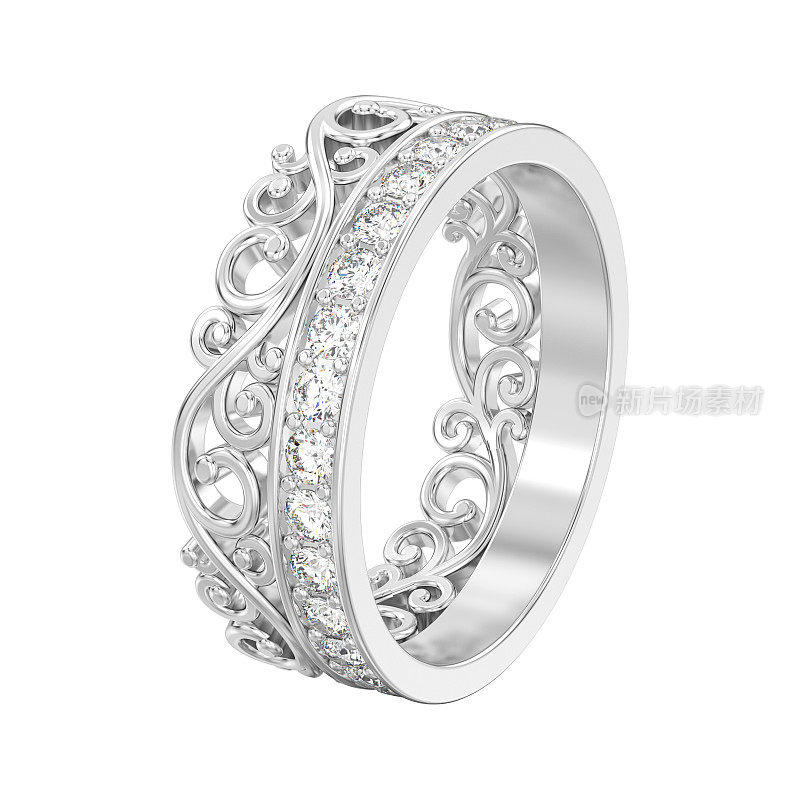 3D插图孤立白金装饰皇冠钻石戒指