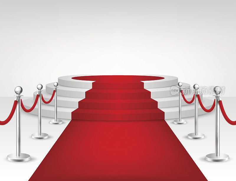 现实的矢量红地毯，银色障碍和白色楼梯孤立在白色背景。设计模板，在EPS10中的剪贴画