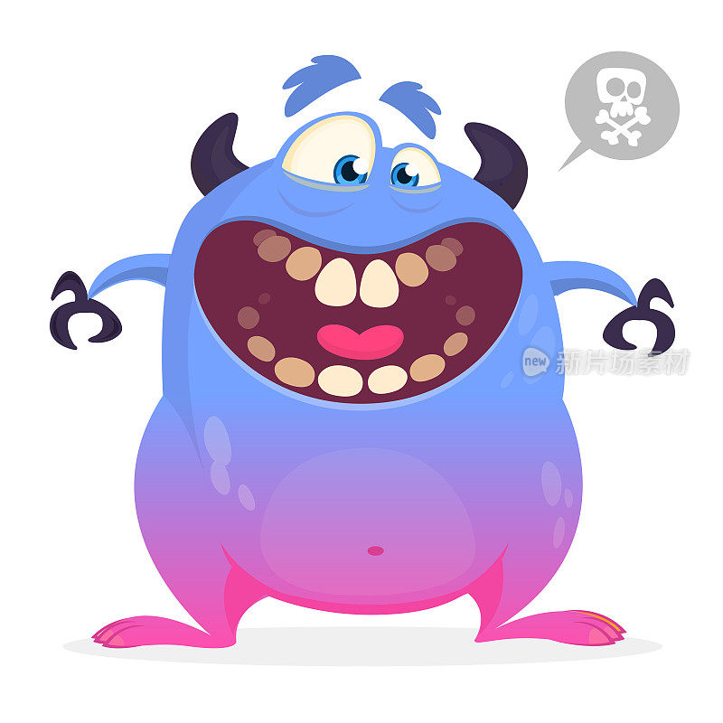 滑稽的卡通怪物笑着大嘴巴。万圣节蓝色怪物角色的矢量插图
