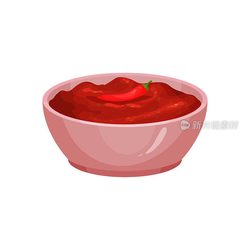 撒上红辣椒酱在陶瓷蘸碗里。墨西哥菜肴中的传统辣酱。与食物一起食用的浓而辛辣的液体。彩色平面矢量设计