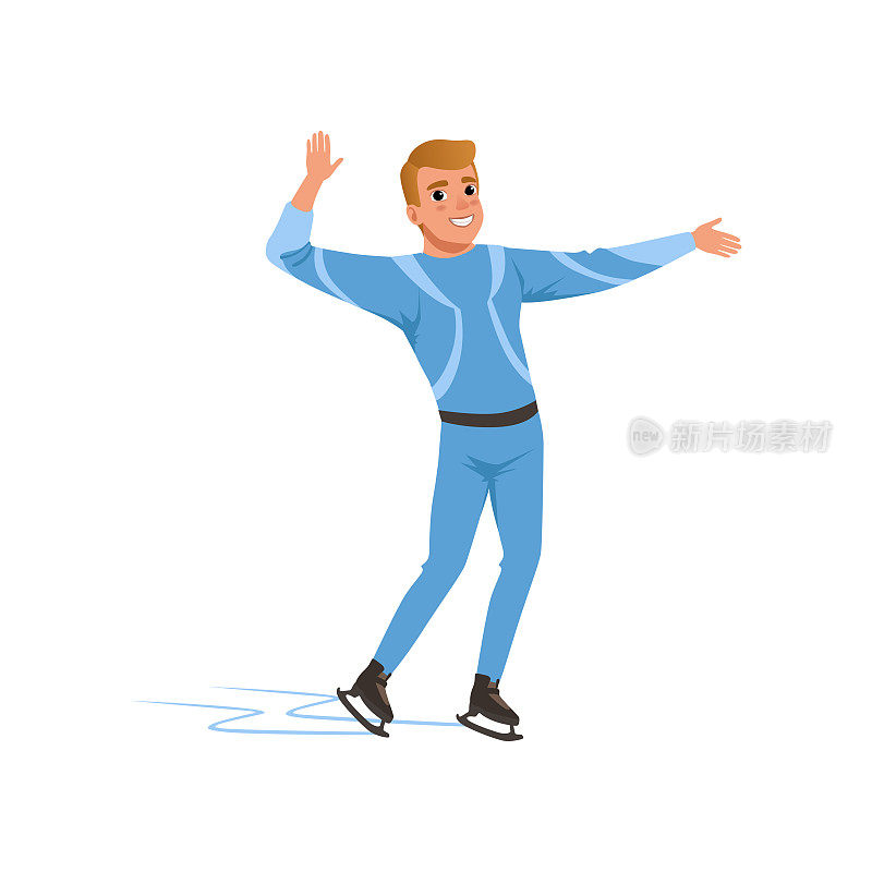 开朗的花样滑冰男子在蓝色服装滑冰，男运动员在室内溜冰场练习矢量插图上的白色背景