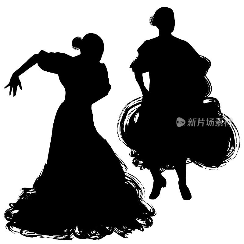 穿着长裙的女人摆着跳舞的姿势。弗拉明戈舞者西班牙安达卢西亚地区，埃斯特雷马杜拉穆尔西亚。黑色剪影孤立在白色背景刷轮廓草图。向量