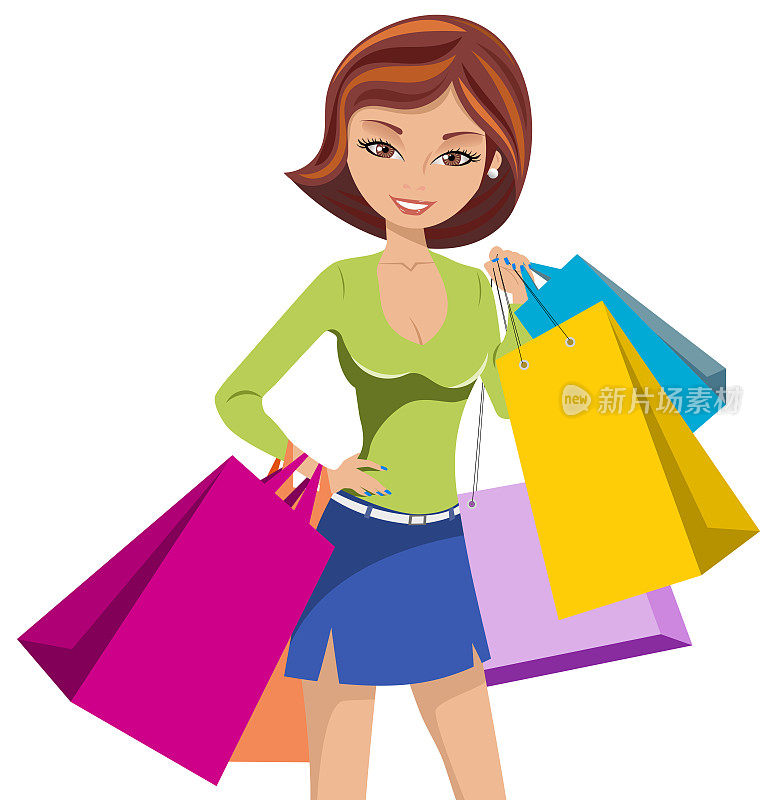 年轻漂亮的女人喜欢她的购物持有许多购物袋孤立