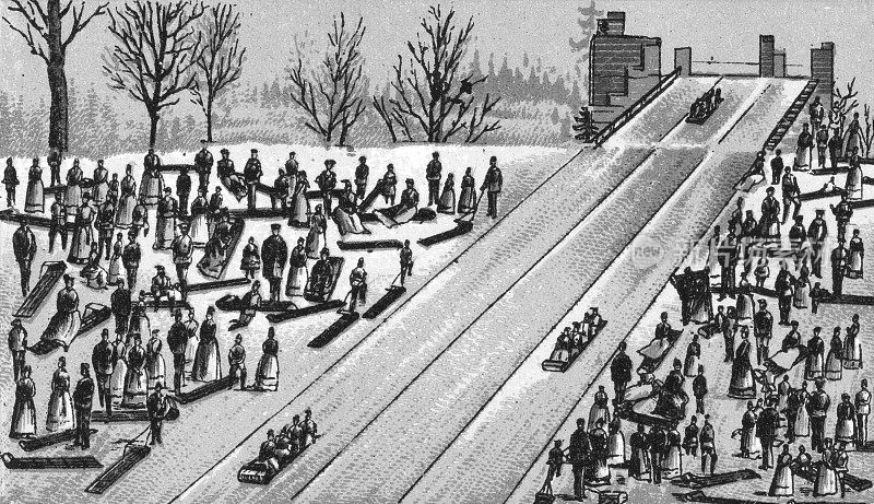 加拿大魁北克蒙特利尔的人们乘坐雪橇滑行——19世纪