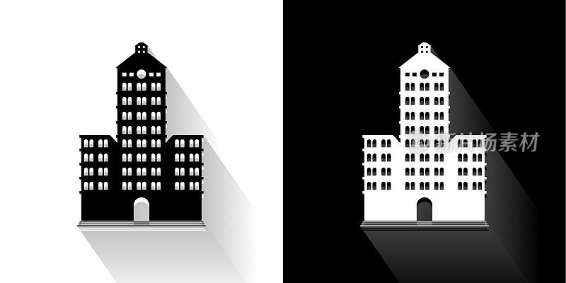 建筑黑色和白色图标与长影子