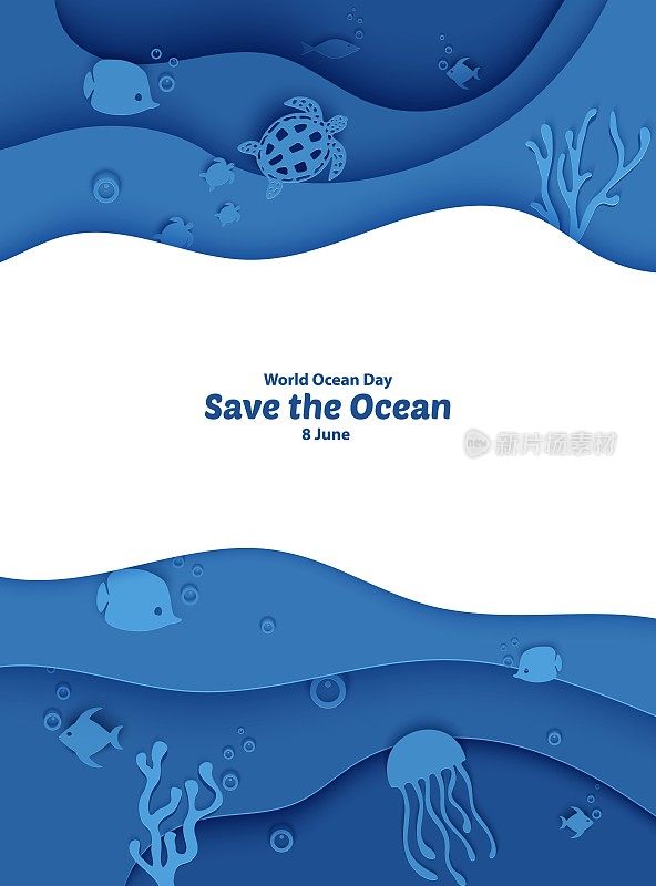 6月8日世界海洋日。水下水下有鱼洞、珊瑚礁、海底有海藻、海浪。潜水概念，深蓝海洋生物。向量海洋野生动物。
