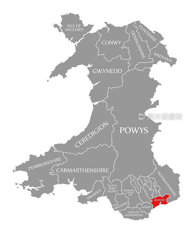 新港红色在威尔士地图中突出显示