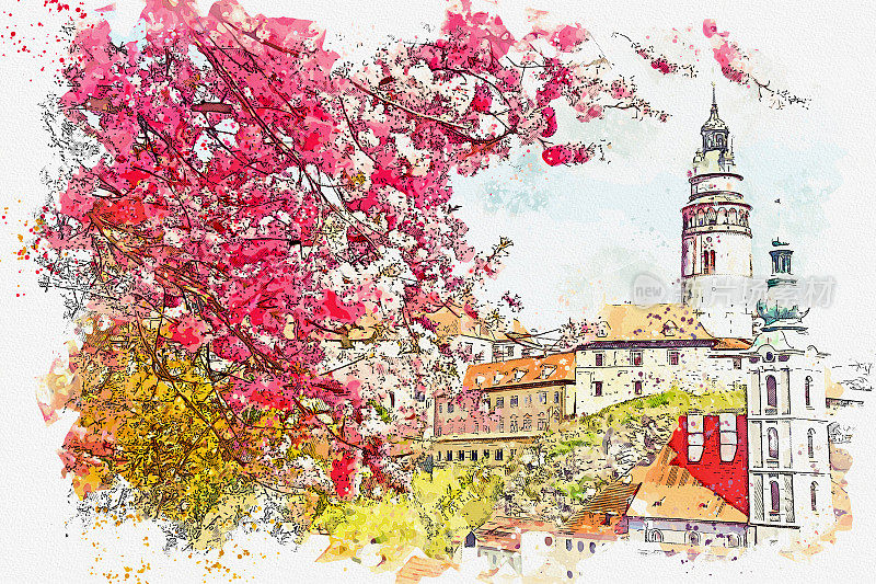 捷克共和国美丽的克鲁姆洛夫水彩画。