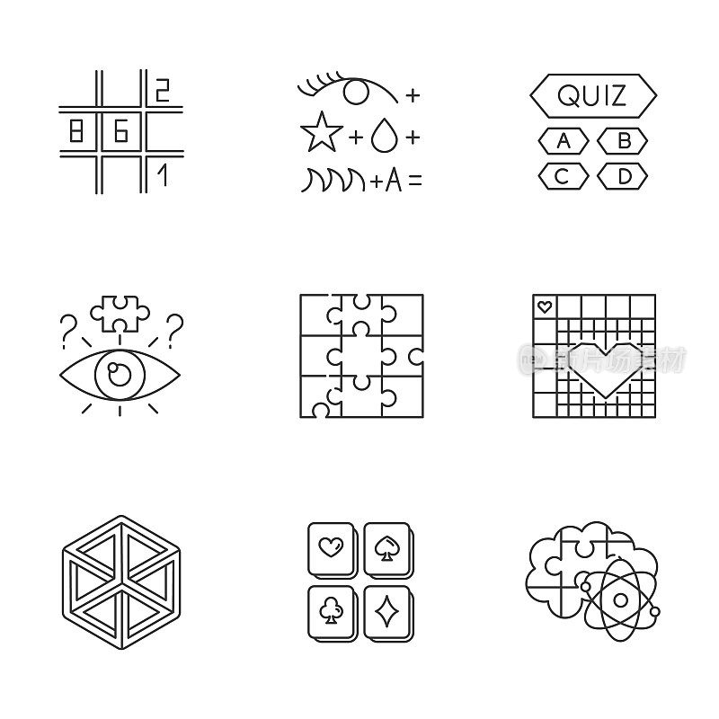 谜题和谜语线性图标集。数独。小测验。Nonogram。光学错觉。拼图。脑筋急转弯。细线等高线符号。孤立矢量大纲插图。可编辑的中风