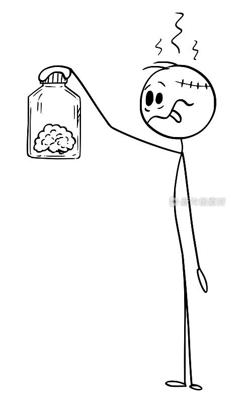 矢量卡通插图的疯狂愚蠢的人抱着和看他自己的人类大脑在玻璃罐子