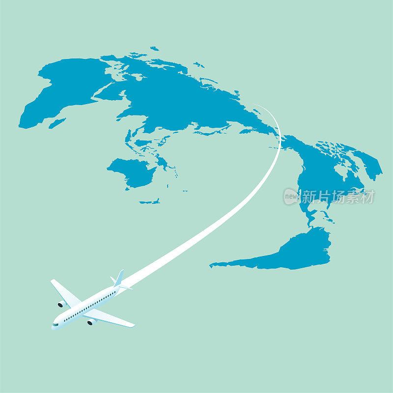 全球商务旅行，矢量绘制飞机和地图。