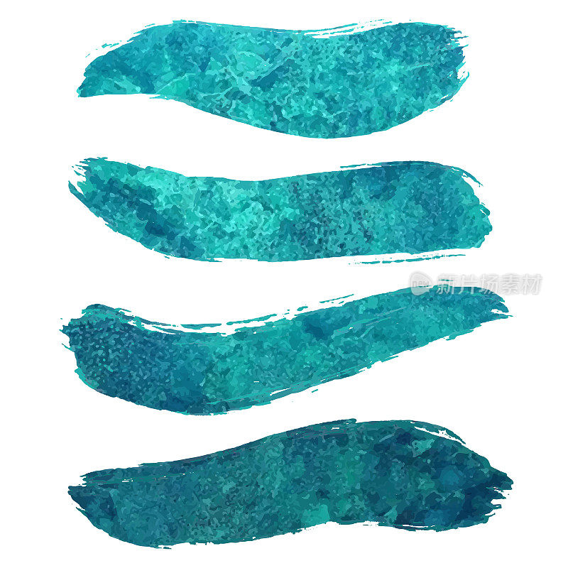 明亮池水纹理笔触剪辑艺术收藏。一套绿松石色斑孤立和分组分开。蓝色墨水补丁套装。
