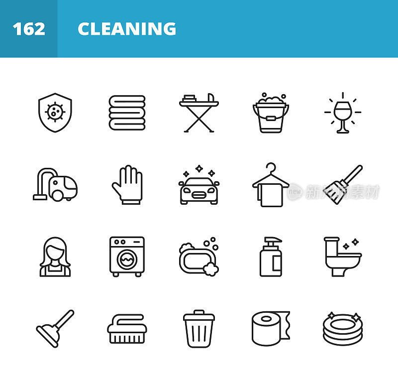 清洗线图标。可编辑的中风。像素完美。移动和网络。包含细菌，清洁，洗涤，擦拭，毛巾，熨烫，洗衣，水桶，吸尘器，清洁手套，洗车机，肥皂，废物容器等图标。
