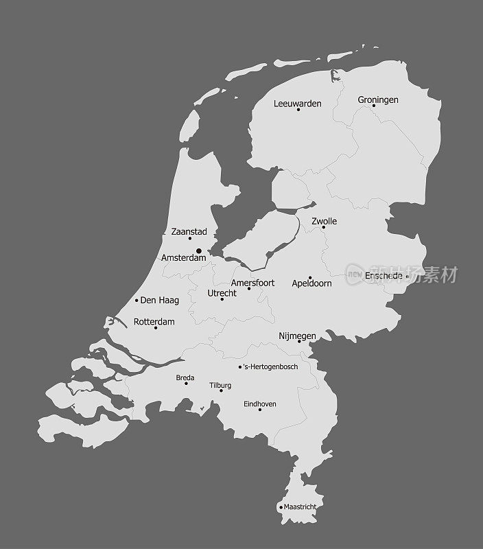 高度详细的政治荷兰地图，主要城市