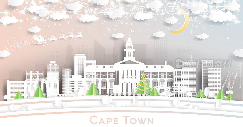 南非开普敦的城市天际线剪纸风格的雪花，月亮和霓虹灯花环。