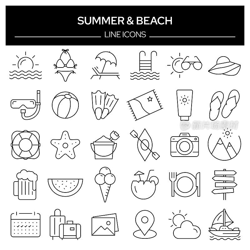 一套夏天和海滩相关的线图标。轮廓符号集合，可编辑的描边