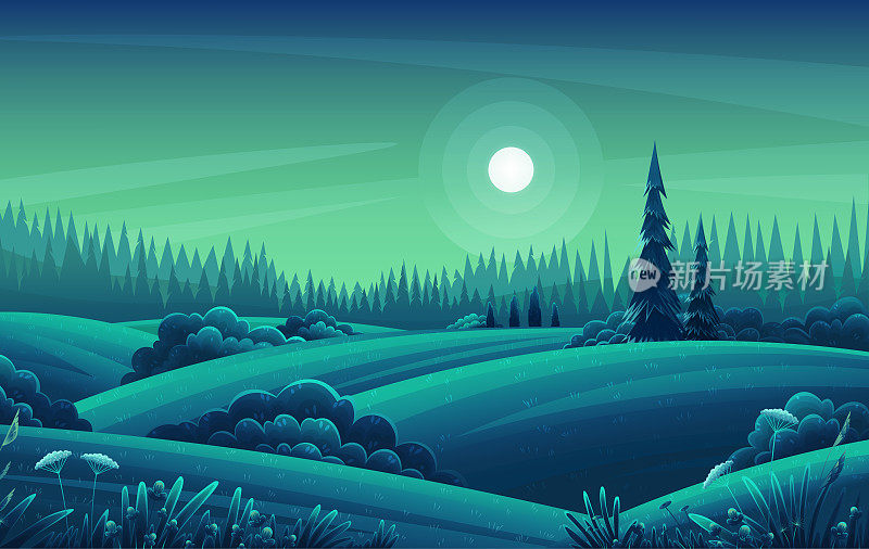夜晚景观与山，黑暗的森林，冷杉树，观赏在夜晚的风景与晴朗的天空，满月