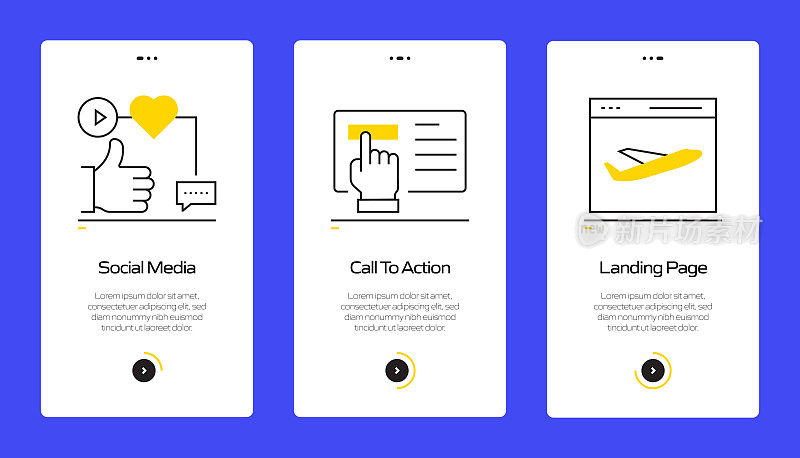 带有平面图标的移动应用页面屏幕用户体验，用户界面设计模板矢量插图