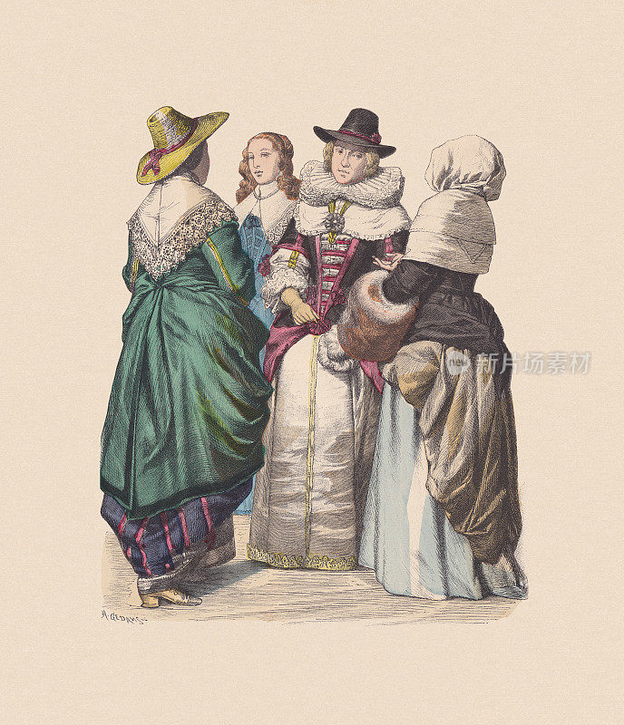 17世纪英国服饰，手工着色木刻，大约1880年出版