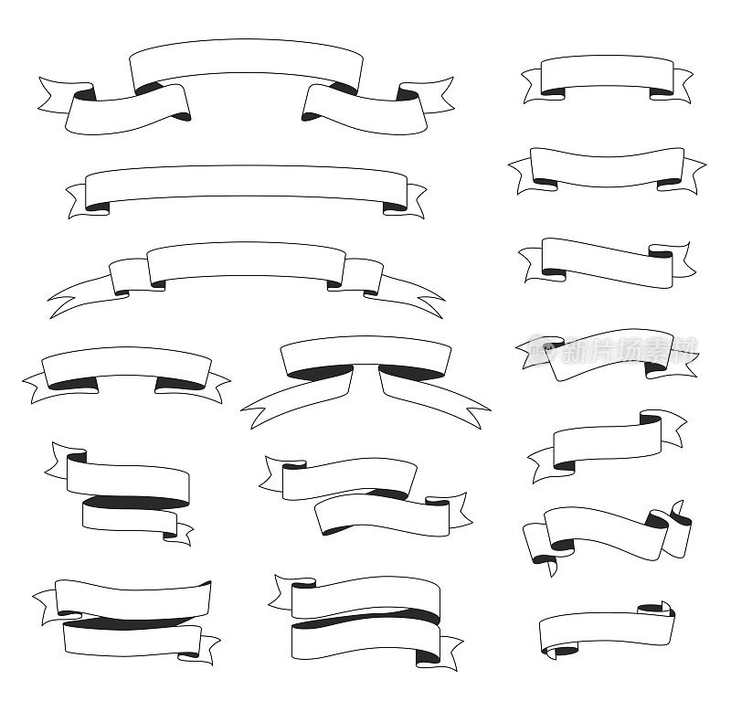 一套丝带，横幅(轮廓，线条艺术)-设计元素在白色的背景