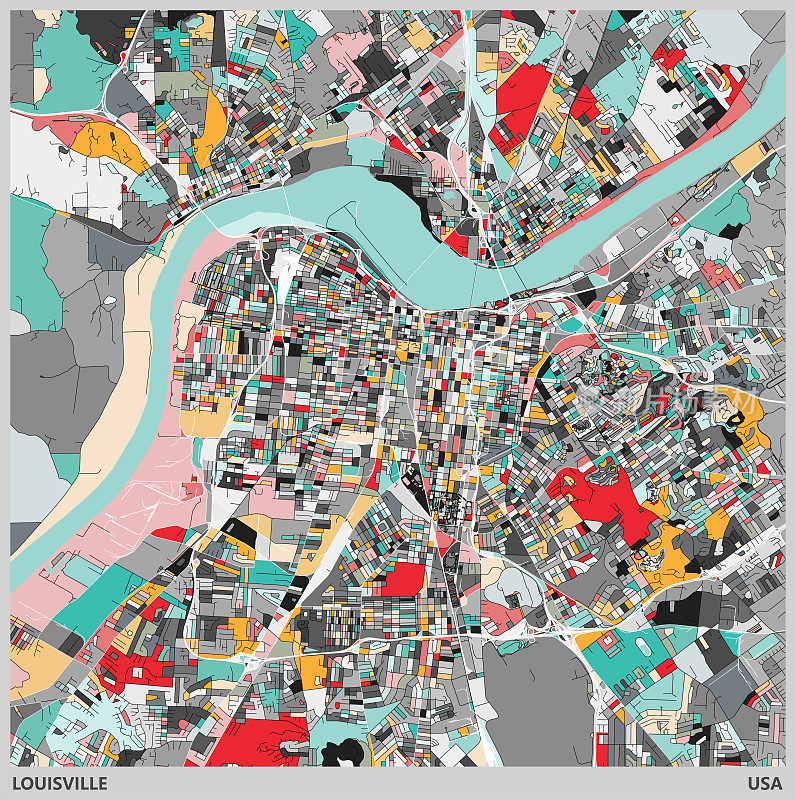 色彩艺术插图风格地图，路易斯维尔市，肯塔基州，美国