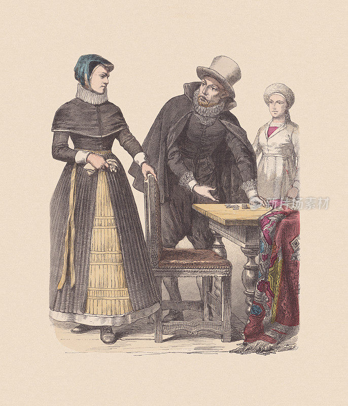 17世纪，丹麦服饰，手工着色木刻，大约出版于1880年