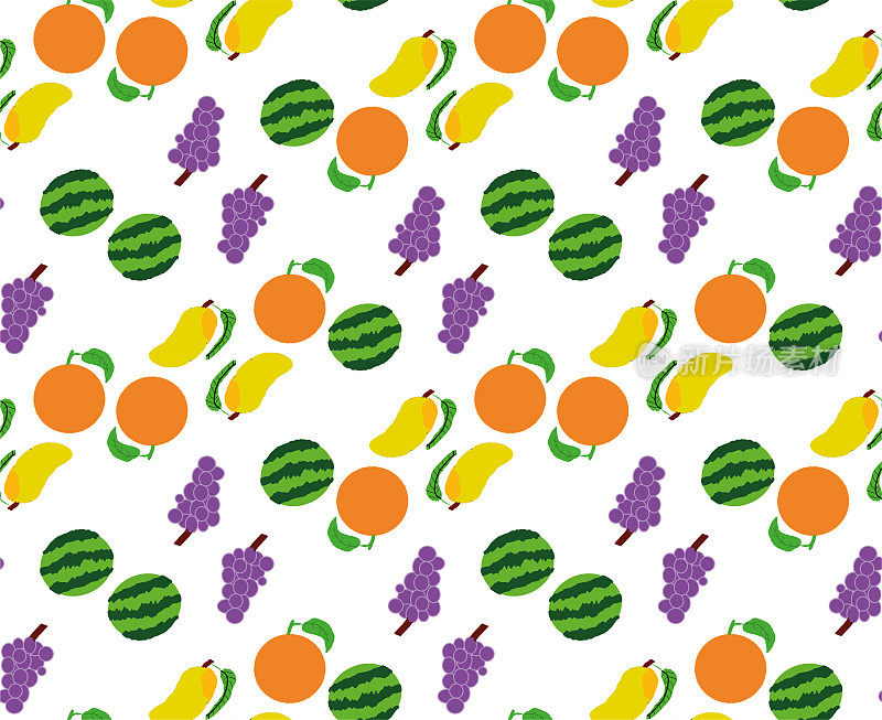 在白色的背景上画满了橙子、葡萄、芒果、西瓜等卡通水果的无缝图案的水平矢量插图