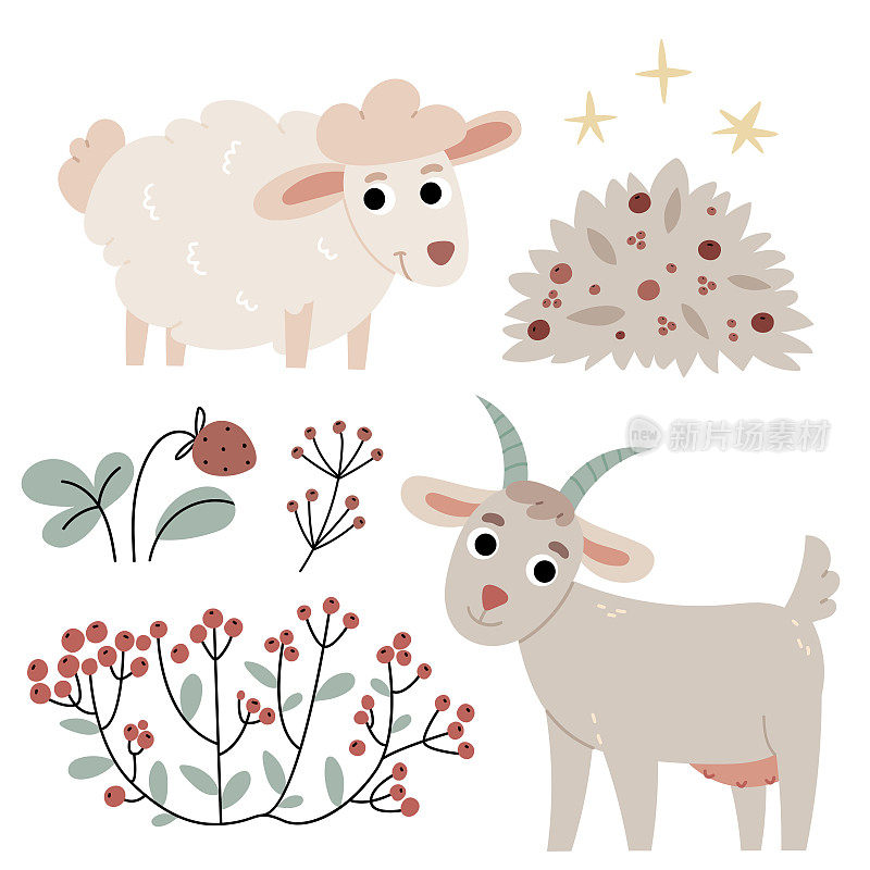 山羊和绵羊，农业，秋天的气息。儿童读物插图。