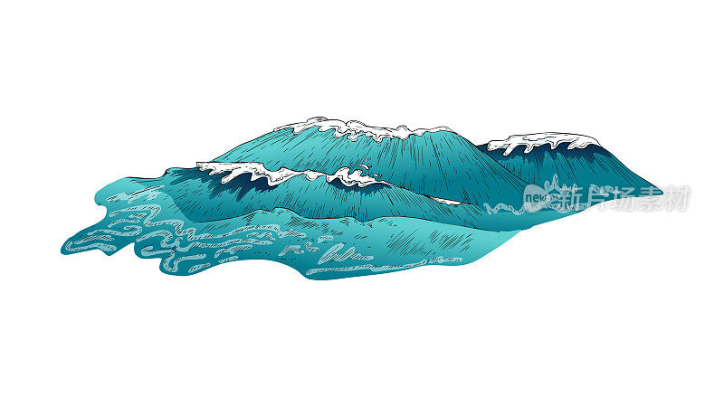 翻滚巨大的海浪手绘彩色矢量插图孤立。