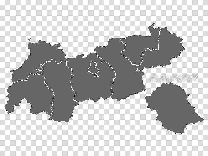 在透明背景上绘制奥地利蒂罗尔州的地图。空白地图蒂罗尔与区域为您的网站设计，标志，应用程序，UI。奥地利。EPS10。