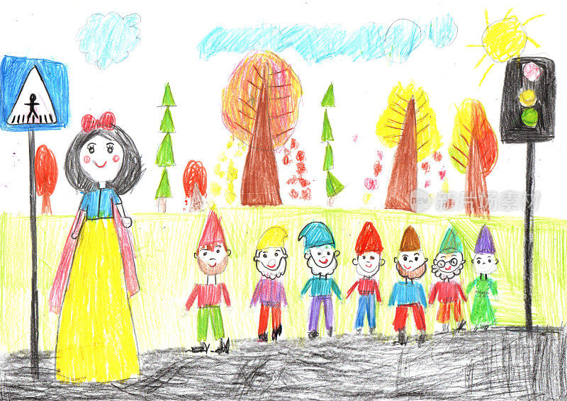 小朋友画着快乐的白雪公主和七个小矮人在散步。童稚风格的铅笔艺术。
