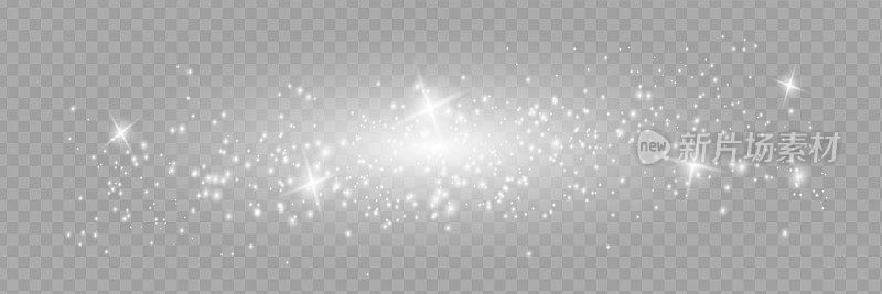 尘埃迸发出火花，金色的星星闪耀着特殊的光芒。矢量在透明的背景上闪闪发光。
