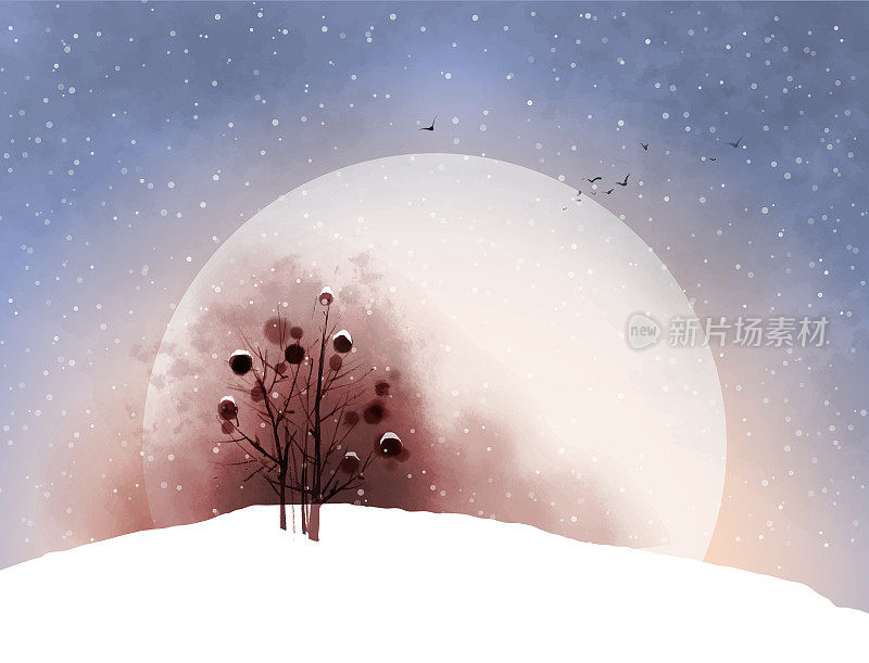 风景与雪，树在雪覆盖的田野和大月亮在天空。传统东洋水墨画静美、墨心、墨花。