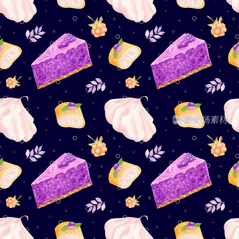 水彩蛋糕蓝莓图案。水彩无缝模式。图案与黄色覆盆子，粉红色棉花糖，甜卷和蓝莓果冻蛋糕。设计菜单和食谱书。