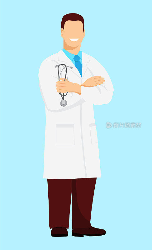 身穿白大褂的男医生将双手放在胸前，微笑着站在那里。他手里拿着听诊器。