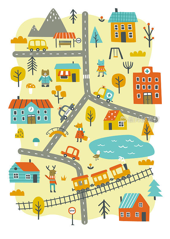 垂直城市地图打印苗圃地毯。有汽车、道路、动物、房屋、植物、铁路、湖泊、医院的秋天小镇。