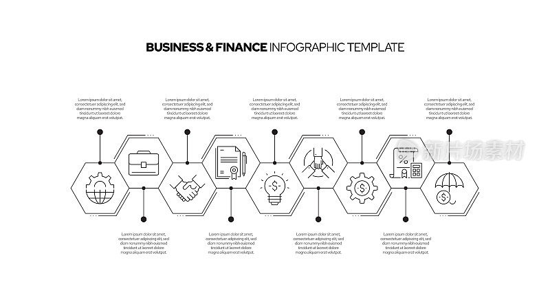 商业和金融概念矢量线信息图形设计图标。9选项或步骤的介绍，横幅，工作流程布局，流程图等。