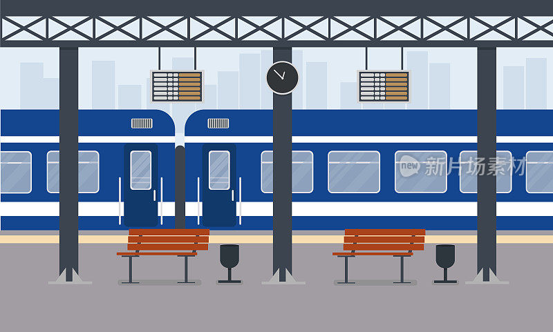 蓝色的旅客列车在火车站火车站在城市