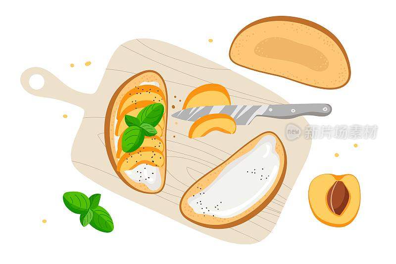 美味的意式烤面包配上水蜜桃，奶油芝士，薄荷叶。烤面包时用的配料。俯视图平面矢量菜单，咖啡馆。美食家的美味小吃