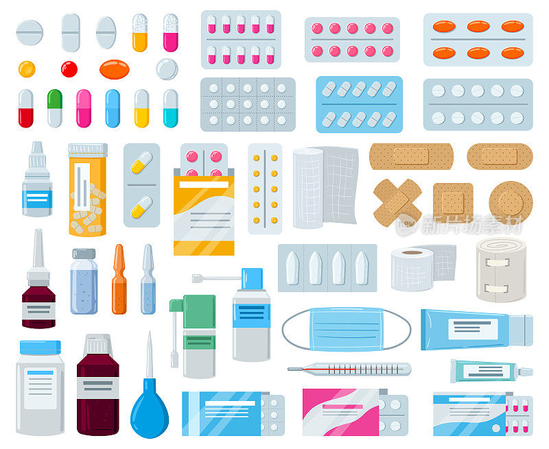 卡通药房药品、药瓶、药品和贴片。药品，喷雾剂和药品医院设备矢量插图集。药店的元素