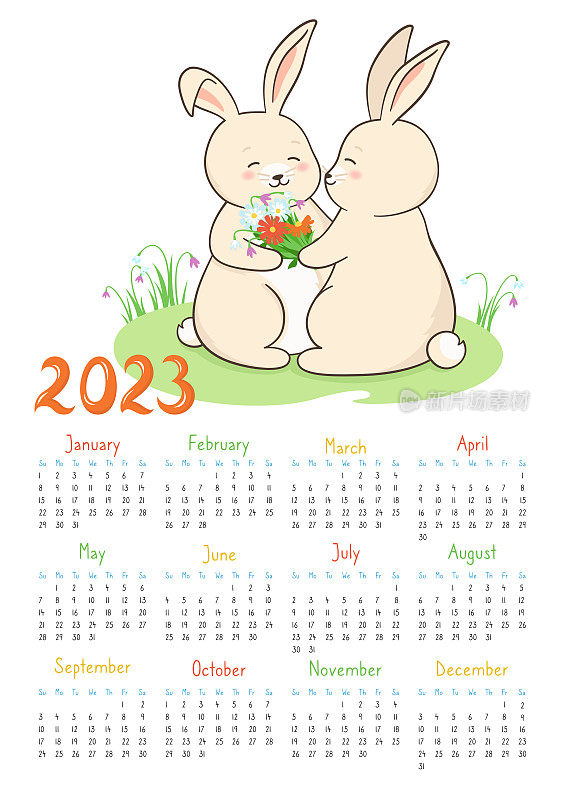 日历2023年兔子规划师12个月的组织者兔子夫妇赠送花束吉祥物年