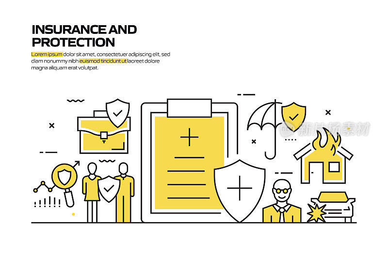 保险和保护概念，线风格矢量插图