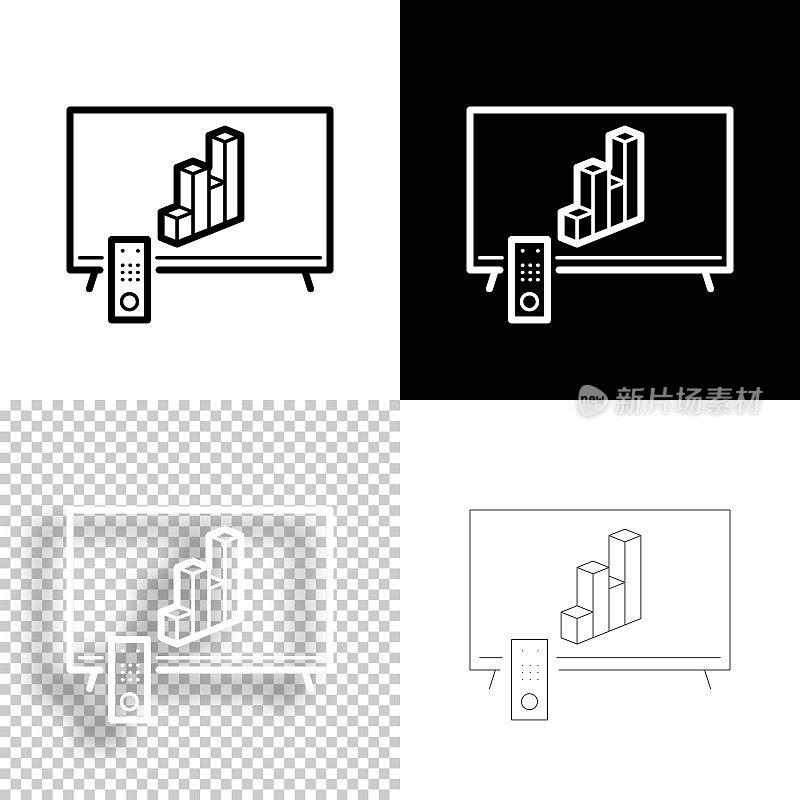 电视3D图表。图标设计。空白，白色和黑色背景-线图标