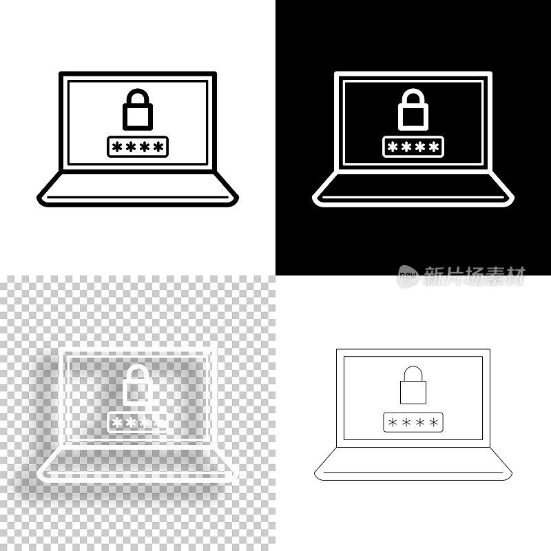笔记本电脑密码。图标设计。空白，白色和黑色背景-线图标