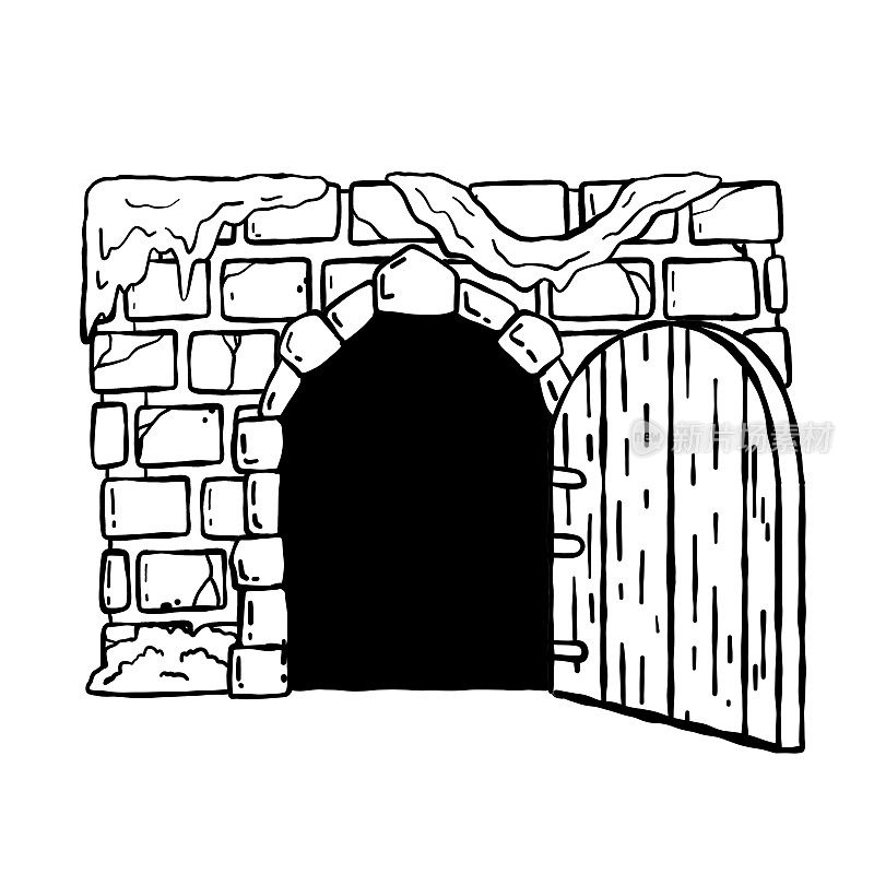 城堡的门。童话城堡或中世纪石墙的入口。木扇敞开的门。卡通手绘黑白插图