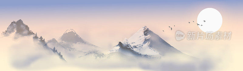 以蓝山山峰和太阳群为背景的水墨画。传统的东方水墨画:美锷、玉心、围棋。